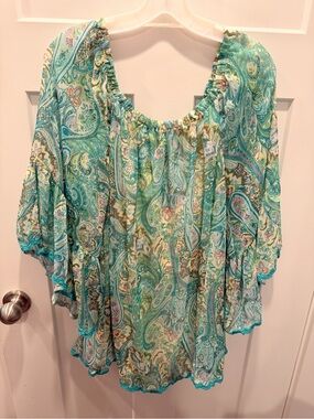 Paisley Vine Turquoise Paisley Peasant Blouse Medium Bell Sleeve Boho